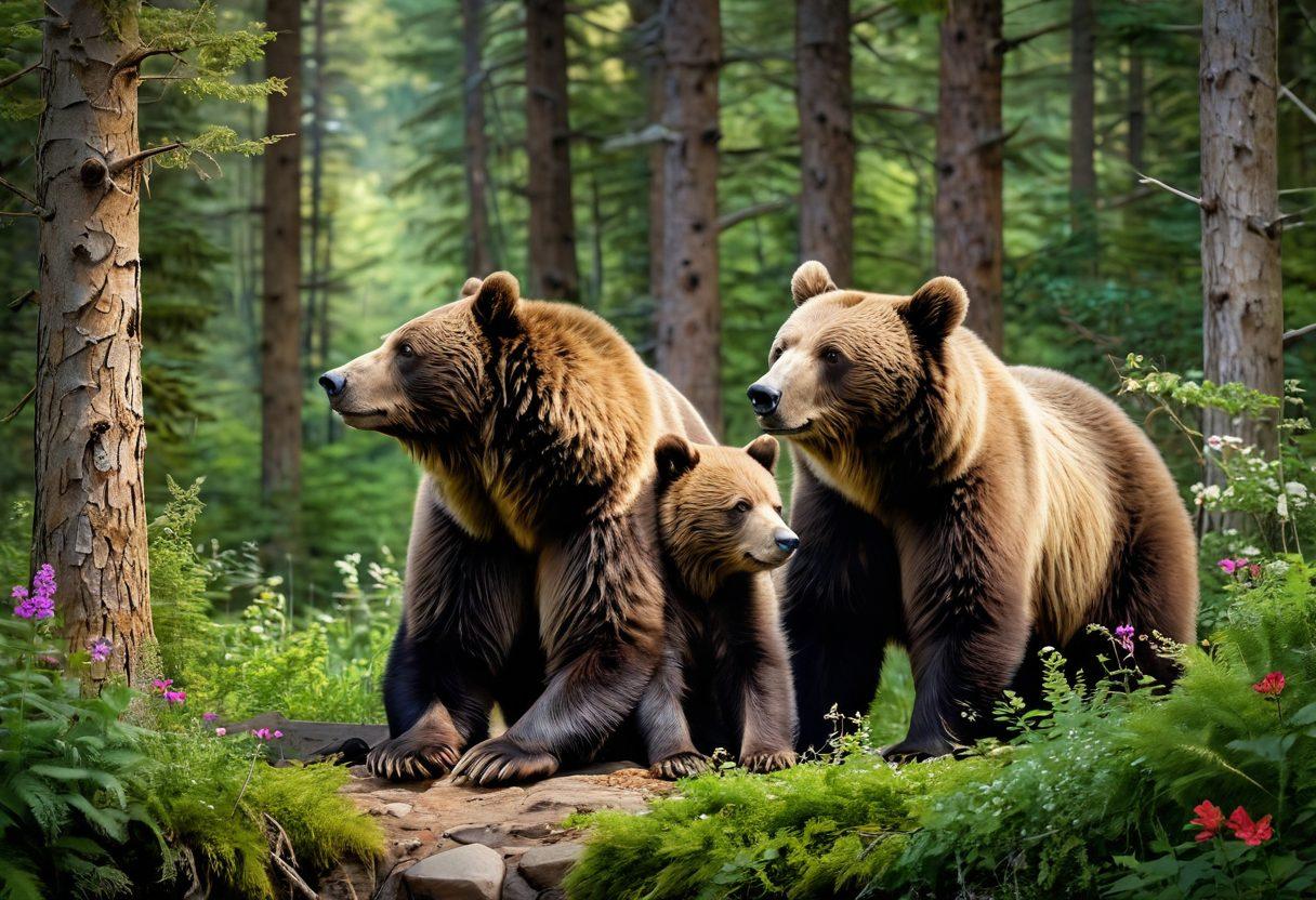 A serene forest scene depicting various bear species interacting in their natural habitat, showcasing elements of their social bond and affection. Include a playful cub nuzzling its mother, a pair of bears sharing a moment, and subtle hints of attraction with flowers and lush greenery around. The atmosphere should feel warm and inviting, emphasizing the beauty of bear relationships. vibrant colors. super-realistic.