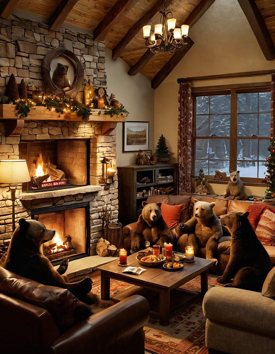 A warm and inviting scene featuring a group of diverse bear enthusiasts in a cozy living room, sharing stories and laughter. Include elements like bear-themed decor, a fireplace, and snacks, conveying a sense of intimacy and friendship. Soft lighting highlights their joyful expressions, capturing the essence of adult relationships within the community. super-realistic. warm colors. intimate atmosphere.