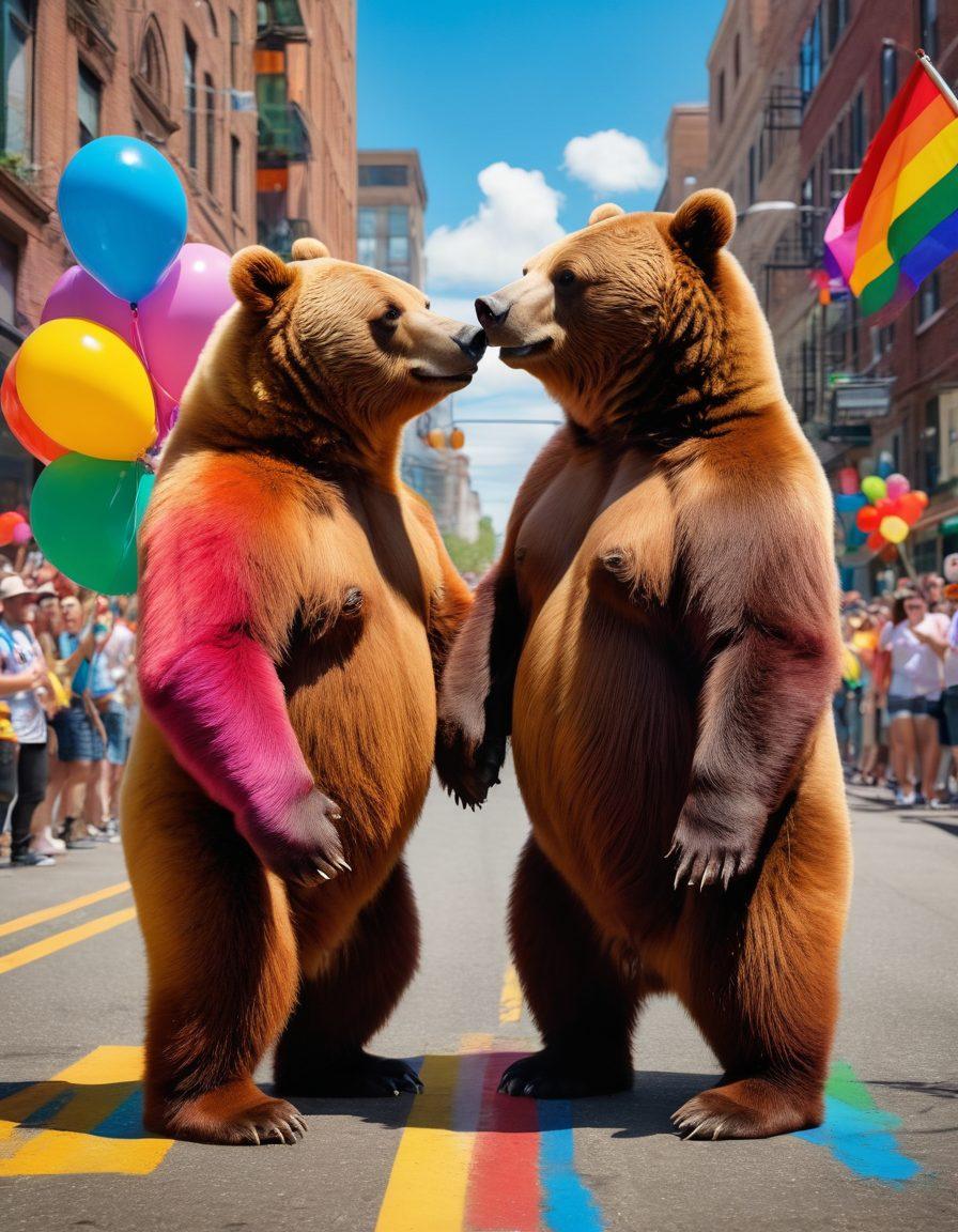 A vibrant scene depicting two bears in a lively urban setting, sharing playful and intimate moments, with a backdrop of a colorful pride parade. Include elements representing open relationships, like diverse couples and symbols of sexual expression. The atmosphere should exude warmth, acceptance, and community. Emphasize a celebratory vibe with bright colors and playful details. super-realistic. vibrant colors. dynamic composition.